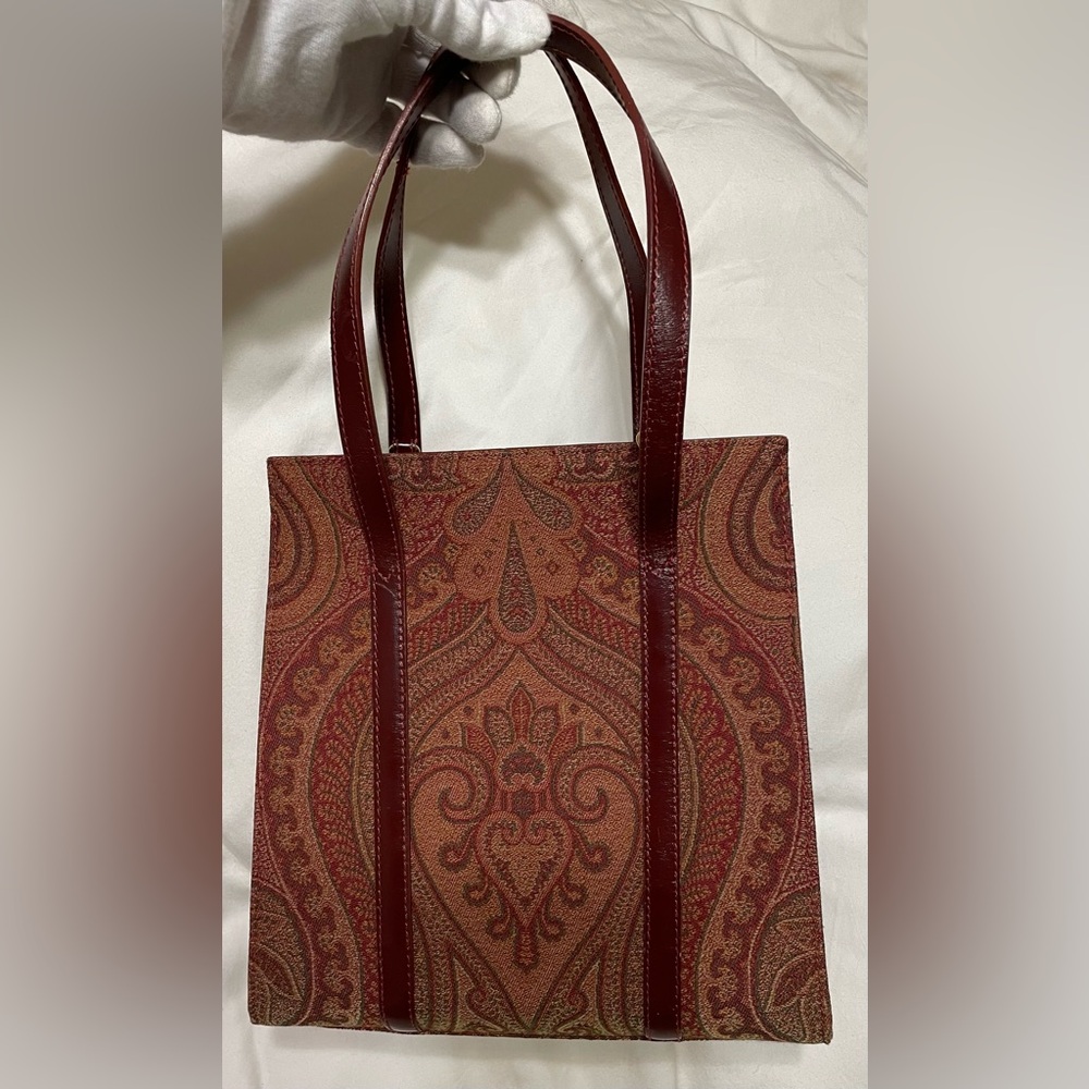 Etro Authentic Vintage Milano Red & Brown Fabric Paisley Tote Bag